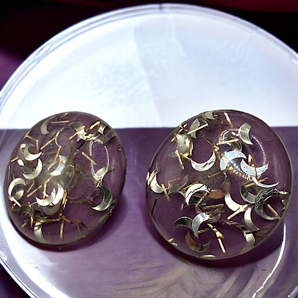 Vintage Purple Resin Encased Silver-Tone Metal and Wood Clip-On Earrings!